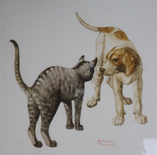 A continental porcelain plaque painted with a cat and dog by Antonius Traverso, framed, overall 35 x 35cm